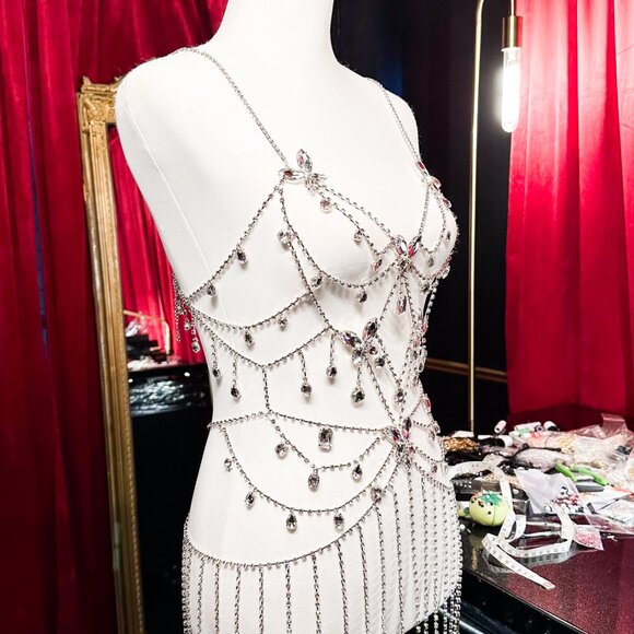 Rhinestone Crystal Body Chain Dress, Shoulder Lingerie Top Festival Body Jewelry - Picture 4 of 12